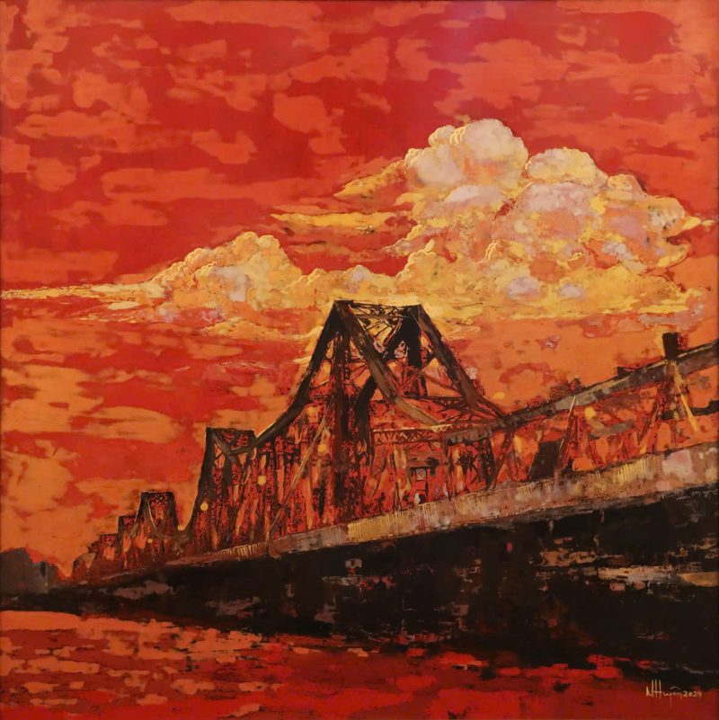 Twilight Over Long Biên Bridge - Vietnamese Lacquer Painting by Artist Luong Huyen