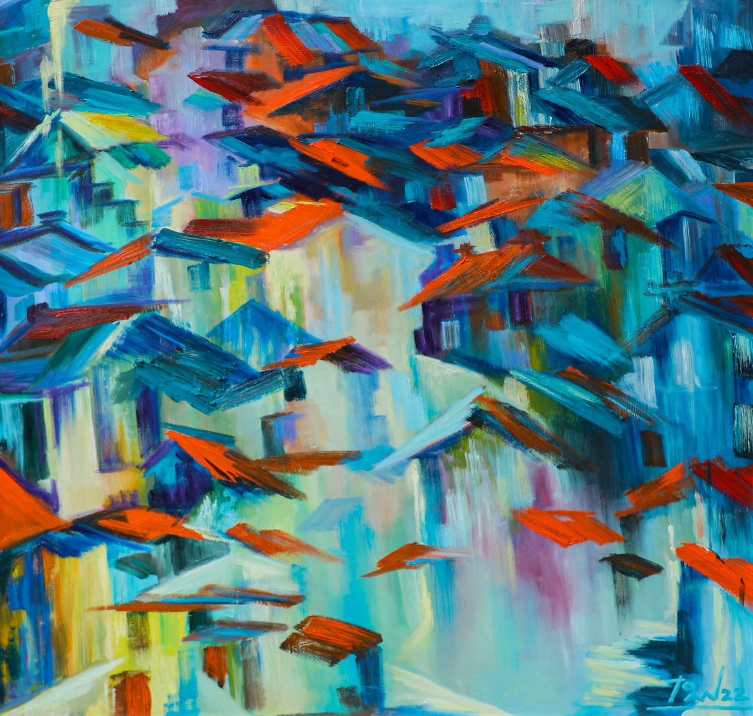 Rhythm of the Rain - Vietnamese Oil Painting by Artist Dau Quang Toan