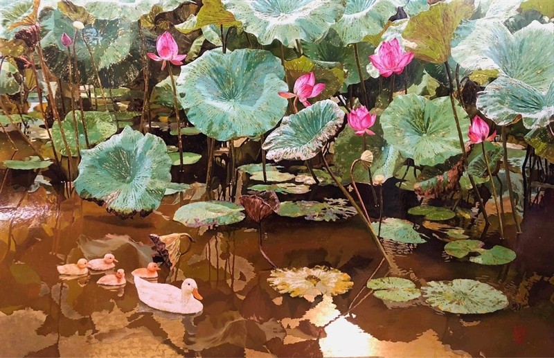 Playful Meandering - Vietnamese Lacquer Painting by Artist Nguyen Xuan Viet