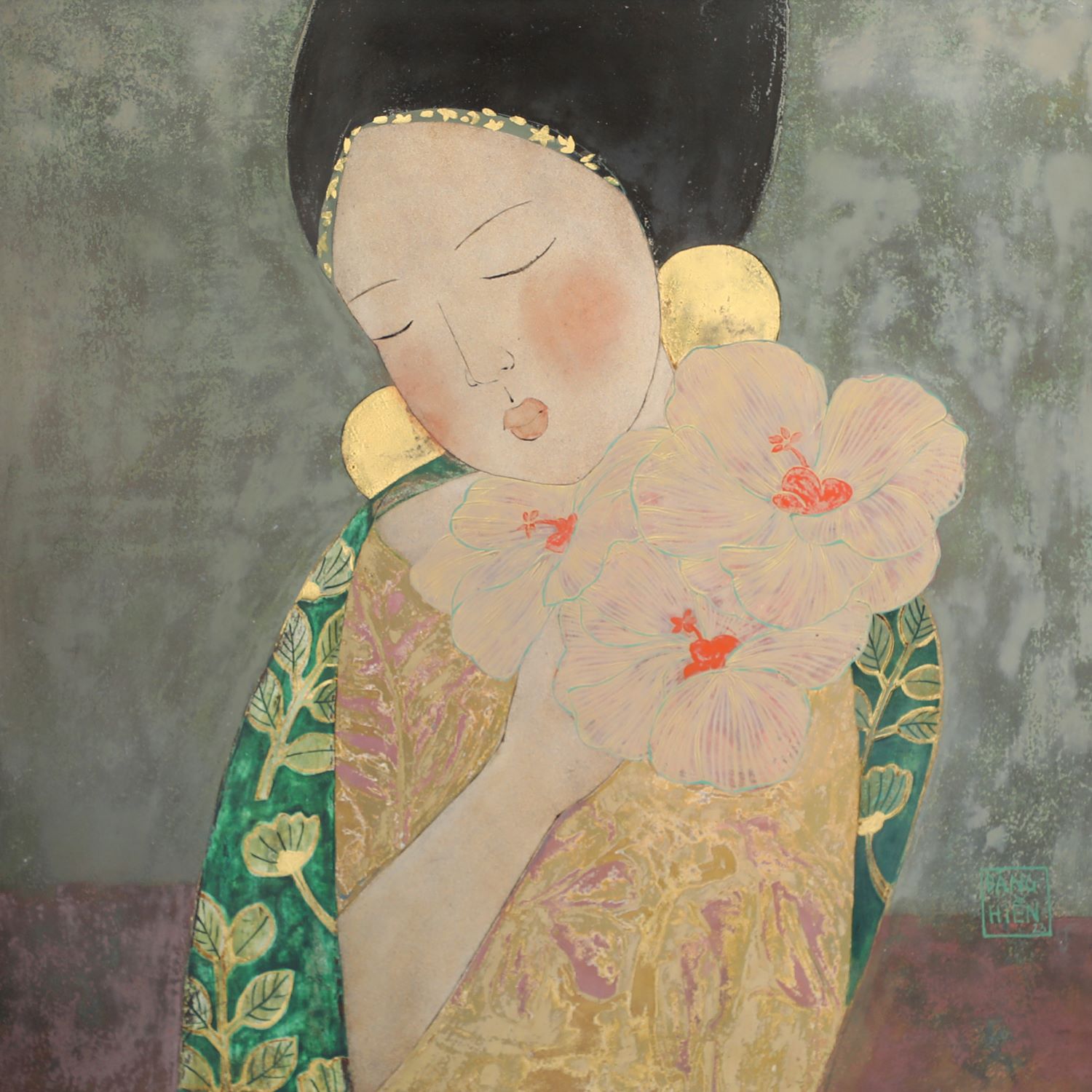 Rose Mallow - Vietnamese Lacquer Painting by Artist Dang Hien