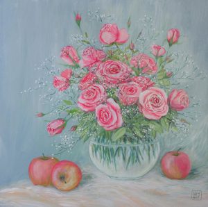 Roses & Apples - Vietnamese Acrylic Painting by Artist Nguyen Lam