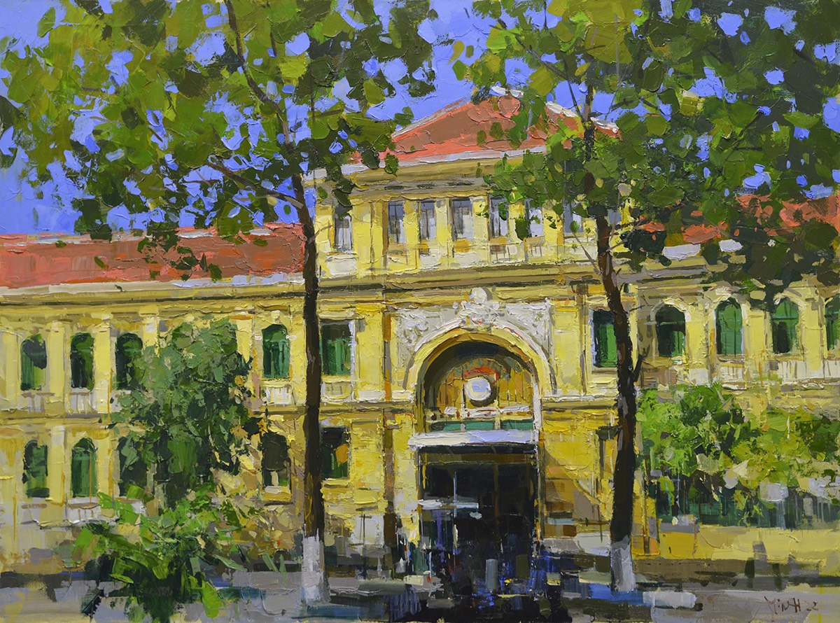 Saigon Post Office - Vietnamese Oil Painting by Artist Pham Hoang Minh