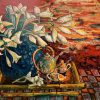 Savour a tea watching the moon 1 lacquer painting of artist Nguyen Tu Quyen