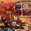 Savour a tea watching the moon 3 lacquer painting of artist Nguyen Tu Quyen