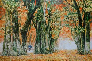 Season of Fallen Leaves - Vietnamese Lacquer Painting by Artist Nguyen Van Nghia
