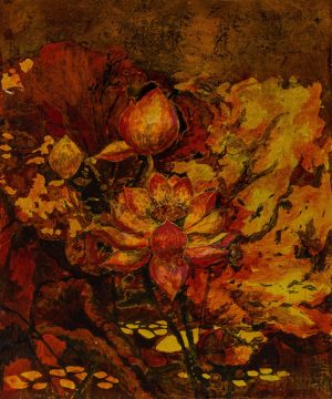 Lotus Under Moonlight - Vietnamese Lacquer Painting by Artist Giap Van Tuan