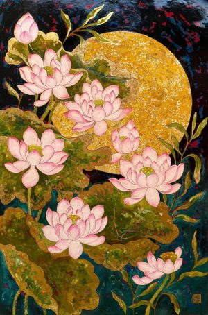 Moonlit Lotus II - Vietnamese Lacquer Painting by Artist Chau Ai Van