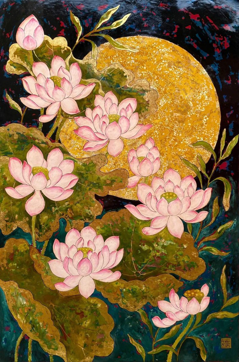 Moonlit Lotus II - Vietnamese Lacquer Painting by Artist Chau Ai Van