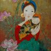 Embrace of the Lotus - Vietnamese Lacquer Painting by Artist Dang Hien