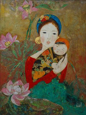 Embrace of the Lotus - Vietnamese Lacquer Painting by Artist Dang Hien