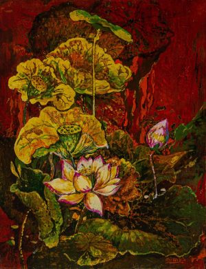 Lotus Blooming at Night - Vietnamese Lacquer Painting by Artist Giap Van Tuan