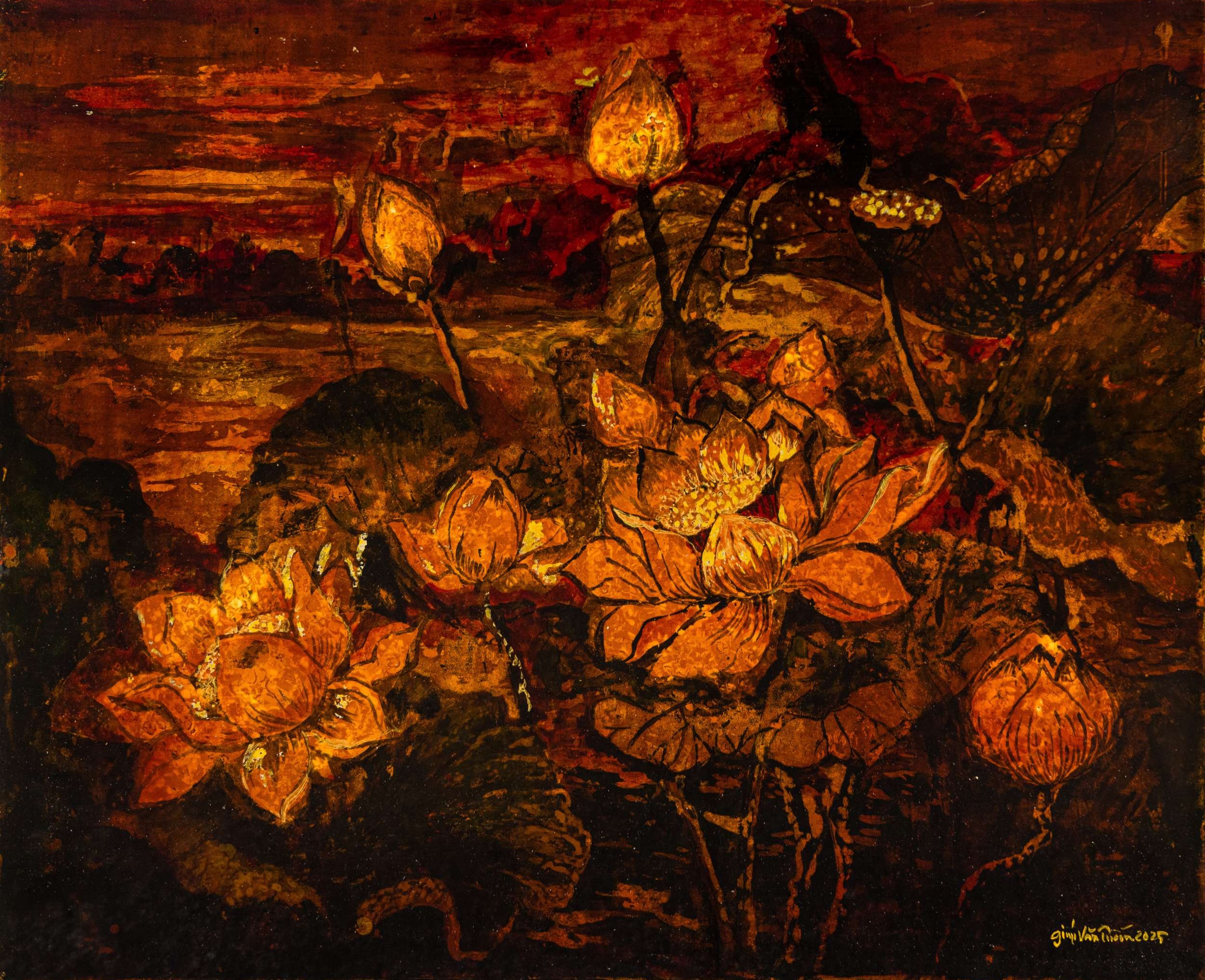 Lotus in the Night - Vietnamese Lacquer Painting by Artist Giap Van Tuan