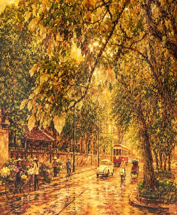 Shadows of a Bygone Dusk - Lacquer Painting by Artist Nguyen Hong Giang