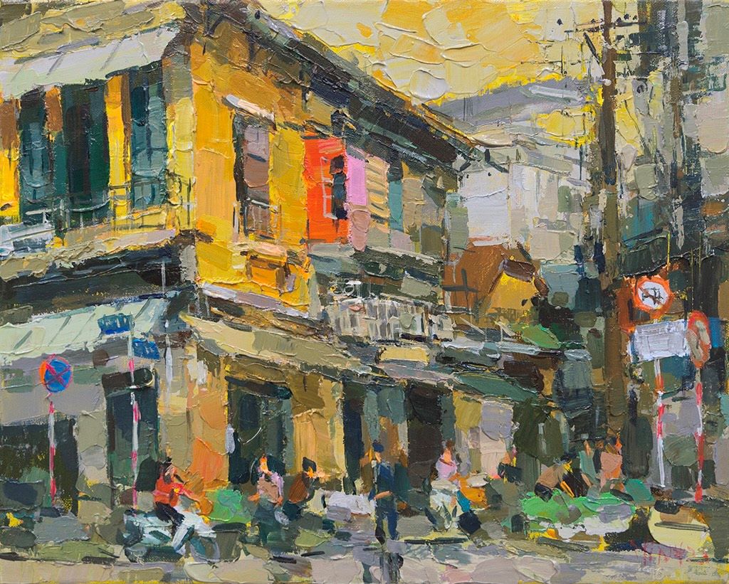 Small Hanoi Street's Corner - Vietnamese Oil Painting by Artist Pham Hoang Minh