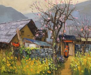 Spring Comes to My Village I - Vietnamese Oil Painting by Artist Lam Duc Manh