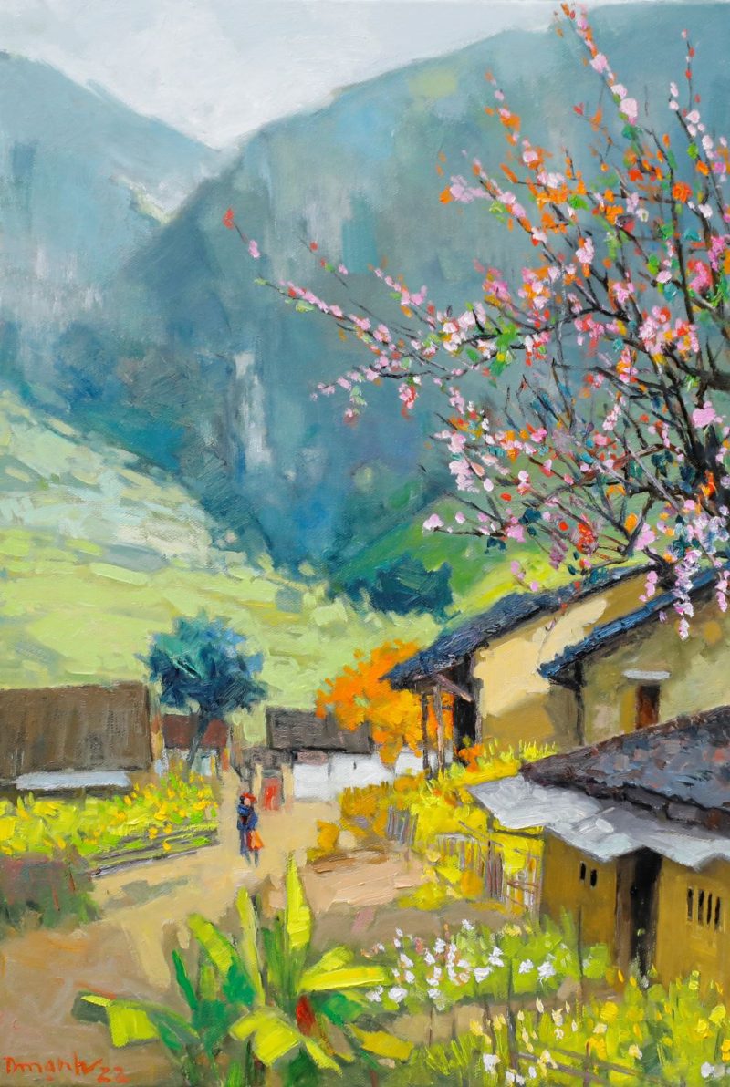 Spring Comes to My Village - Vietnamese Oil Painting by Artist Lam Duc Manh