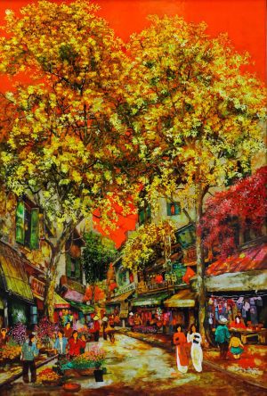 Spring Covers Street II - Vietnamese Lacquer Painting by Artist Giap Van Tuan