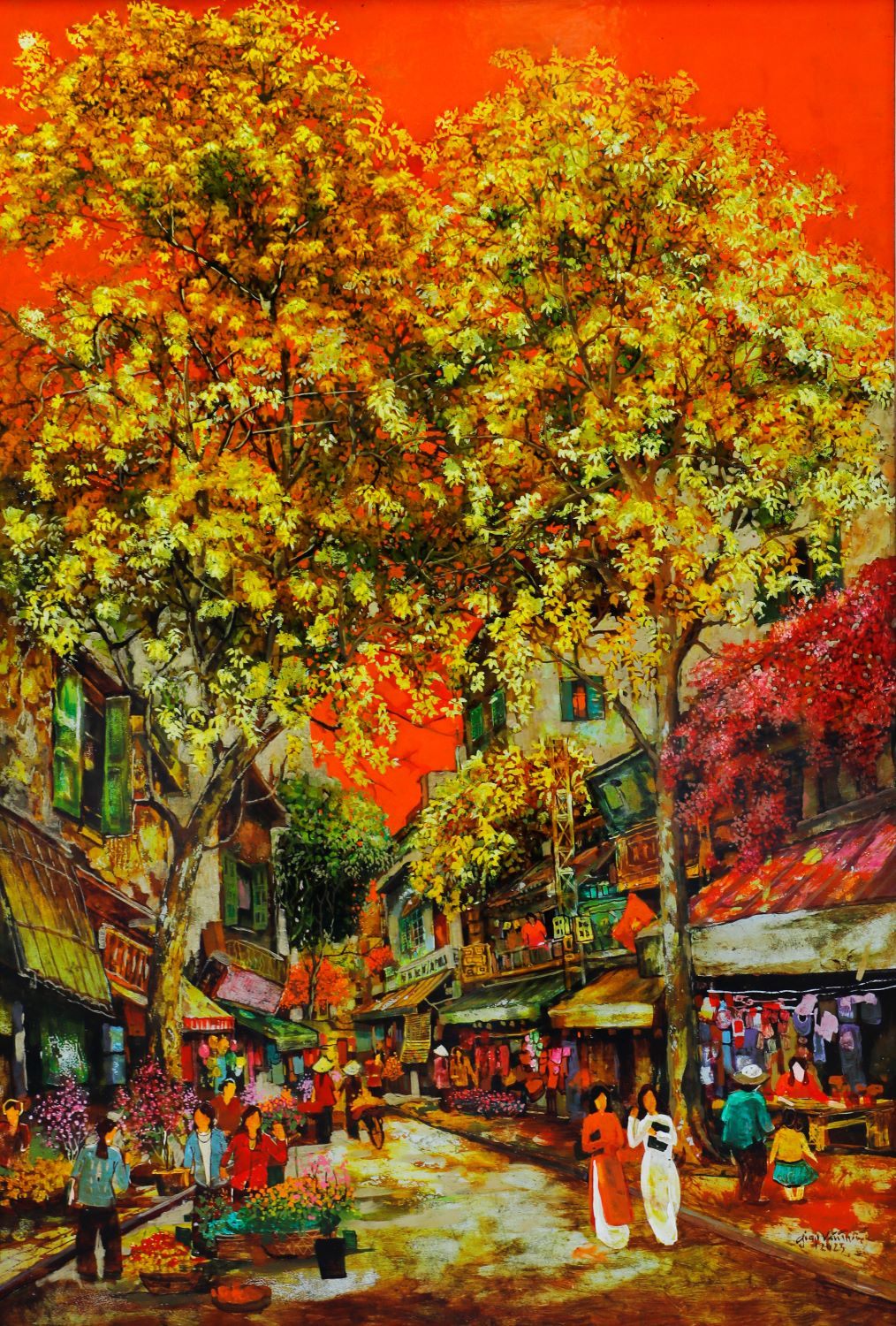 Spring Covers Street II - Vietnamese Lacquer Painting by Artist Giap Van Tuan