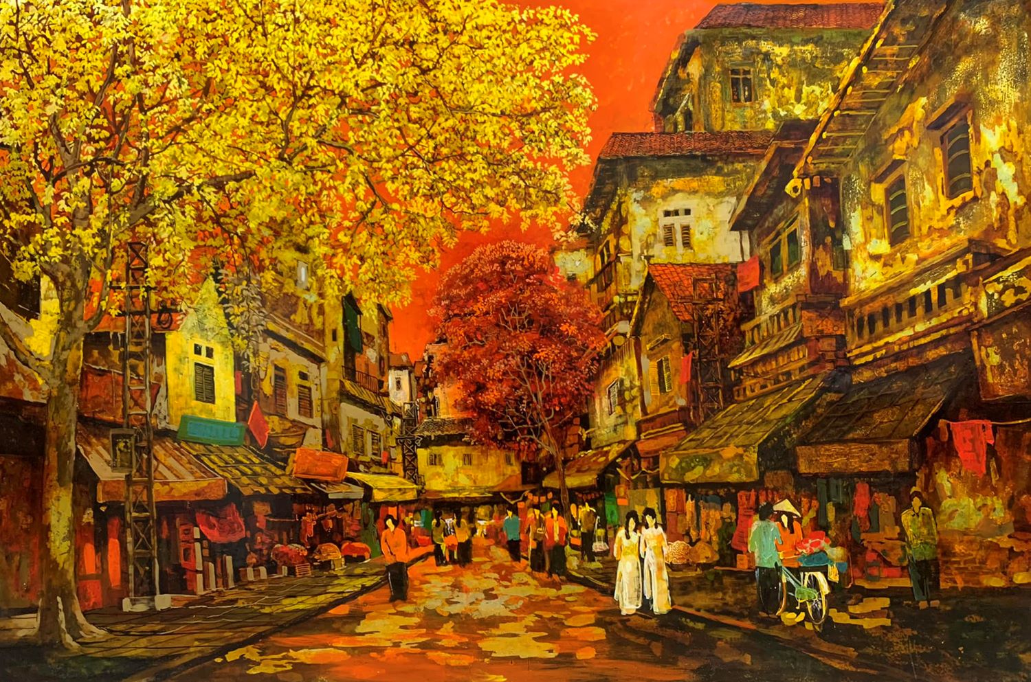 Spring Covers Street I - Vietnamese Lacquer Painting by Artist Giap Van Tuan