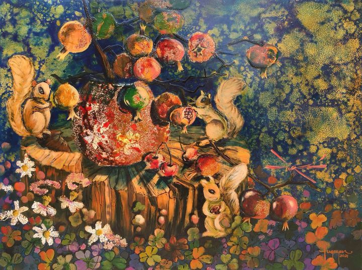 Spring Garden - Vietnamese Lacquer Painting by Artist Nguyen Tu Quyen