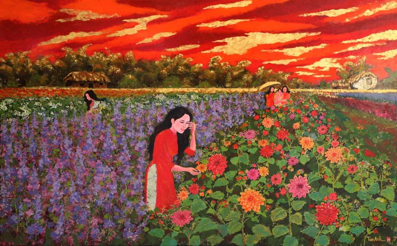 Spring Sunlight - Vietnamese Lacquer Painting by Artist Nguyen Tuan Anh