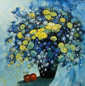 Still Life Daisies - Vietnamese Oil Painting Flower by Artist Dang Dinh Ngo