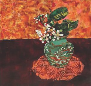 Still Life Grapefruit Flower - Vietnamese Lacquer Painting by Artist Trinh Que Anh