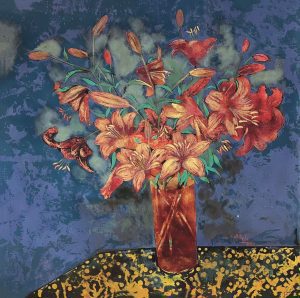 Still Life Lily - Vietnamese Lacquer Painting Flower by Artist Trinh Que Anh