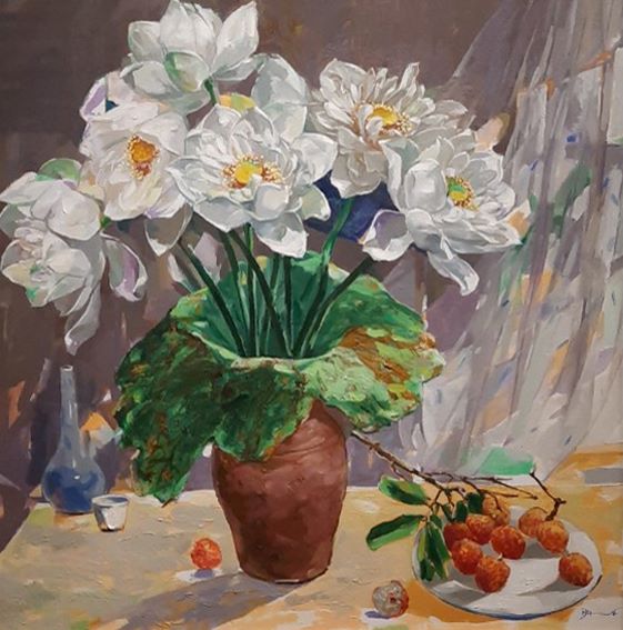 Still Life White Lotus - Vietnamese Oil Painting by Artist Dinh Dong