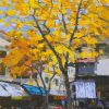 Street Market in Autumn - Vietnamese Oil Painting by Artist Pham Hoang Minh