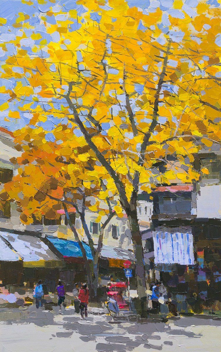 Street Market in Autumn - Vietnamese Oil Painting by Artist Pham Hoang Minh