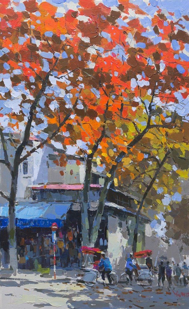 Street Market in Early Winter - Vietnamese Oil Painting by Artist Pham Hoang Minh