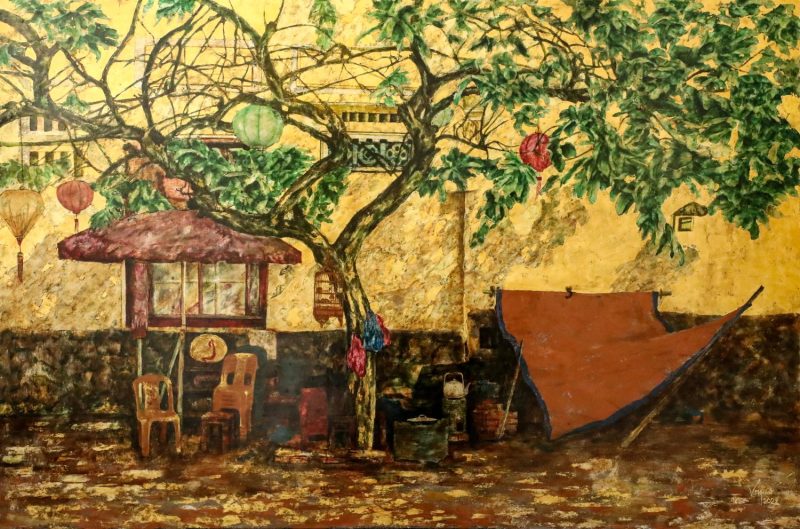 Street Stall - Vietnamese Lacquer Painting by Artist Nguyen Van Nghia