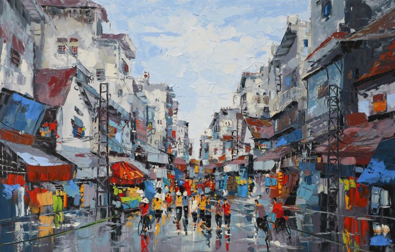 Street after Rain II - Vietnamese Oil Painting by Artist Giap Van Tuan