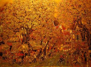 Street in Autumn - Vietnamese Lacquer Painting by Artist Nguyen Hong Giang