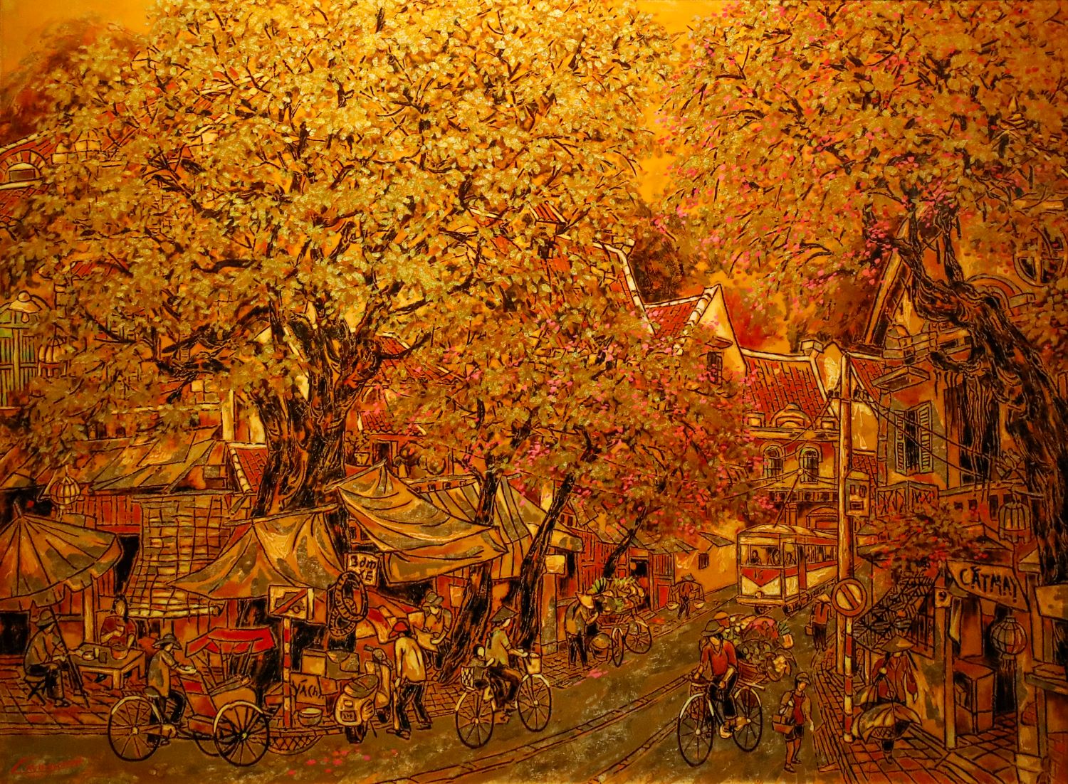 Street in Autumn - Vietnamese Lacquer Painting by Artist Nguyen Hong Giang
