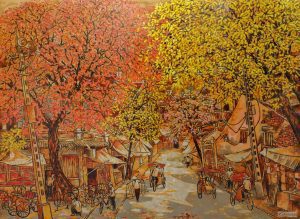 Street in Autumn - Vietnamese Lacquer Painting by Artist Nguyen Hong Giang