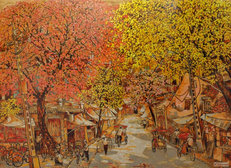 Sunny Street - Vietnamese Lacquer Painting by Artist Nguyen Hong Giang