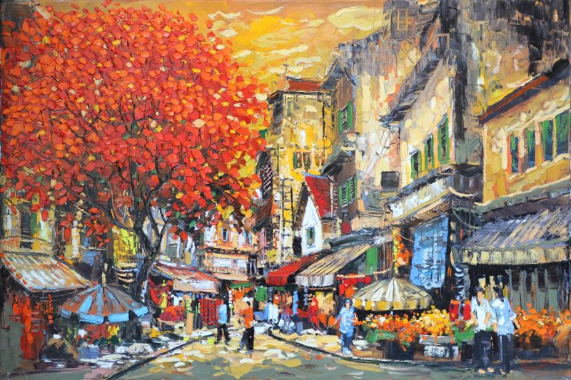 Street in Autumn - Vietnamese Oil Painting by Artist Giap Van Tuan