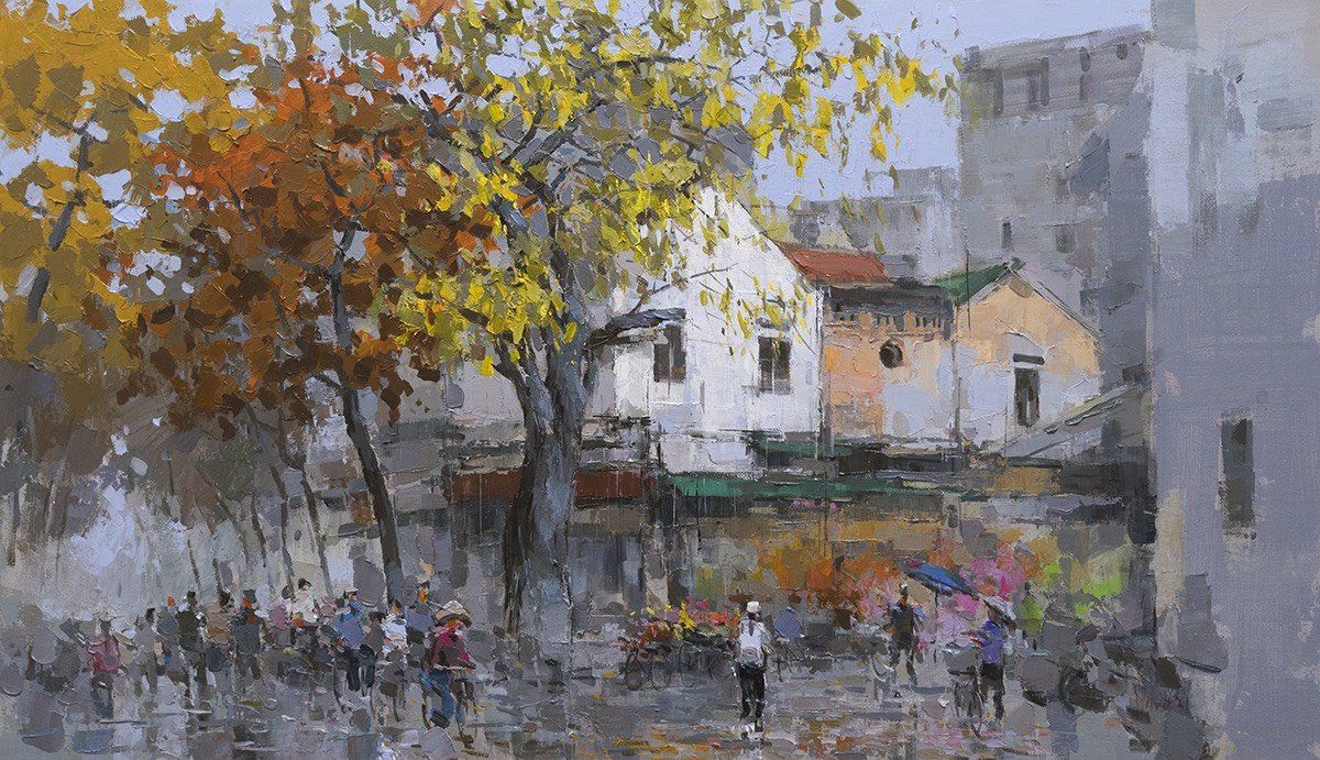Street in Rain - Vietnamese Oil Painting by Artist Pham Hoang Minh