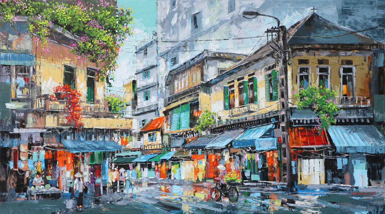 Street in Spring - Vietnamese Oil Painting by Artist Giap Van Tuan