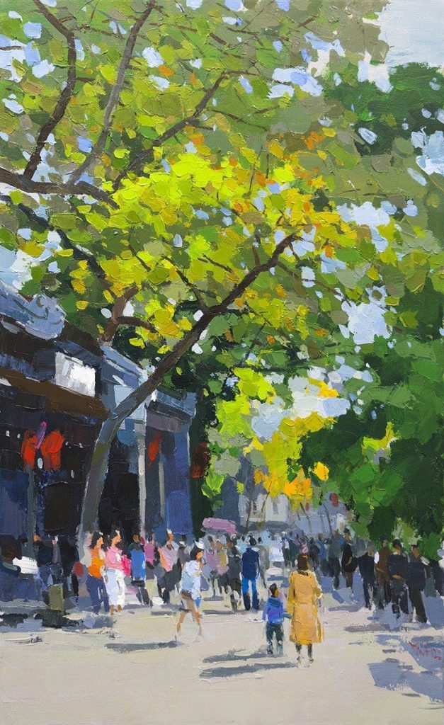 Street in Spring - Vietnamese Oil Painting by Artist Pham Hoang Minh