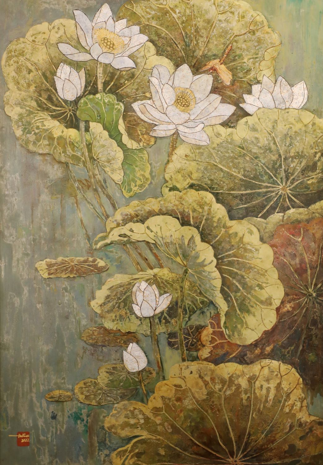 Summer Lotus IV - Vietnamese Lacquer Painting by Artist Do Khai
