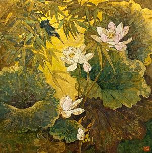 Summer Lotus V - Vietnamese Lacquer Painting by Artist Do Khai