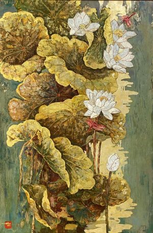 Summer Lotus VII - Vietnamese Lacquer Painting by Artist Do Khai