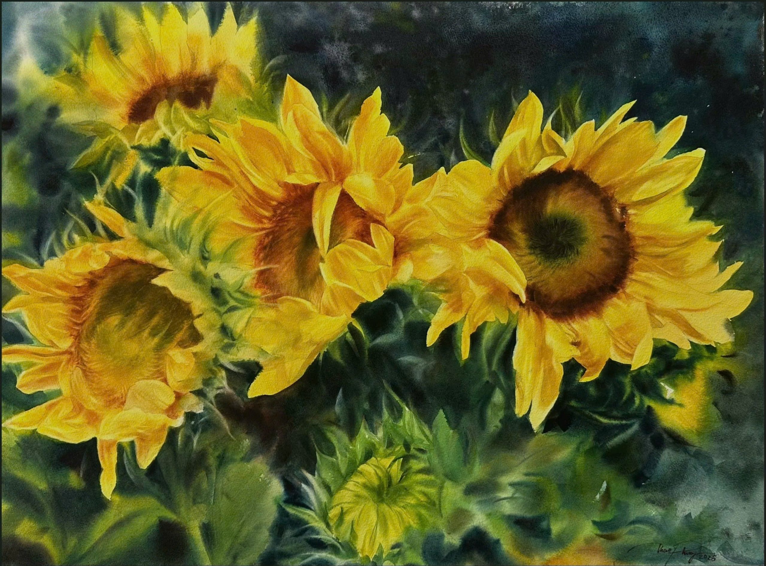 Sunflowers I - Vietnamese Watercolor Painting By Artist Phuong Thao