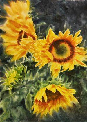 Sunflowers II - Vietnamese Watercolor Painting By Artist Phuong Thao