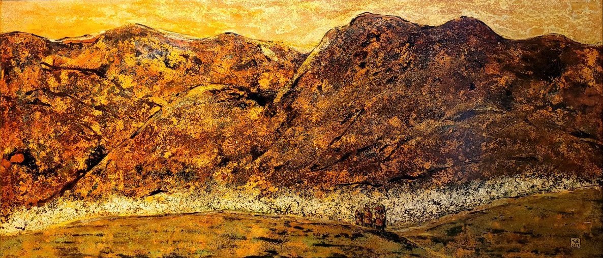 Sunset on the Mountain - Vietnamese Lacquer Painting by Artist Truong Trong Quyen