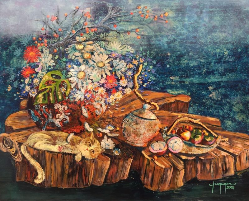 Tea Party with Little Cat - Vietnamese Lacquer Painting by Artist Nguyen Tu Quyen
