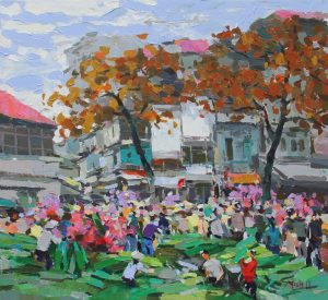 Tet Market - Vietnamese Oil Painting by Artist Pham Hoang Minh